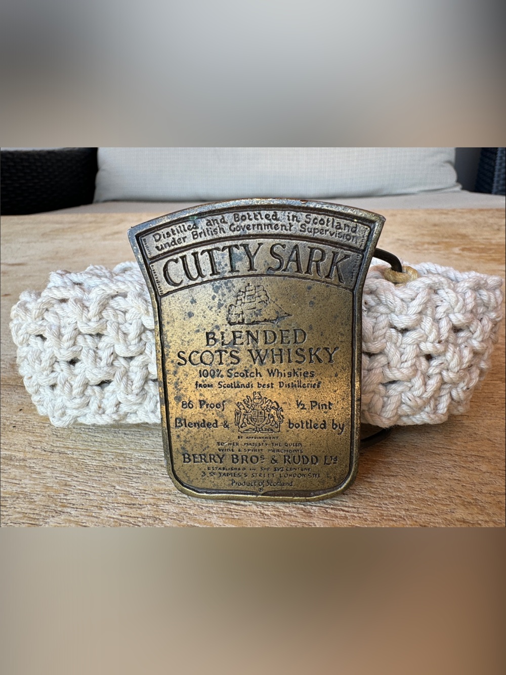 Rare Vintage Cutty Sark Scottish Whiskey Brass Buckle on Cotton/Jute Belt